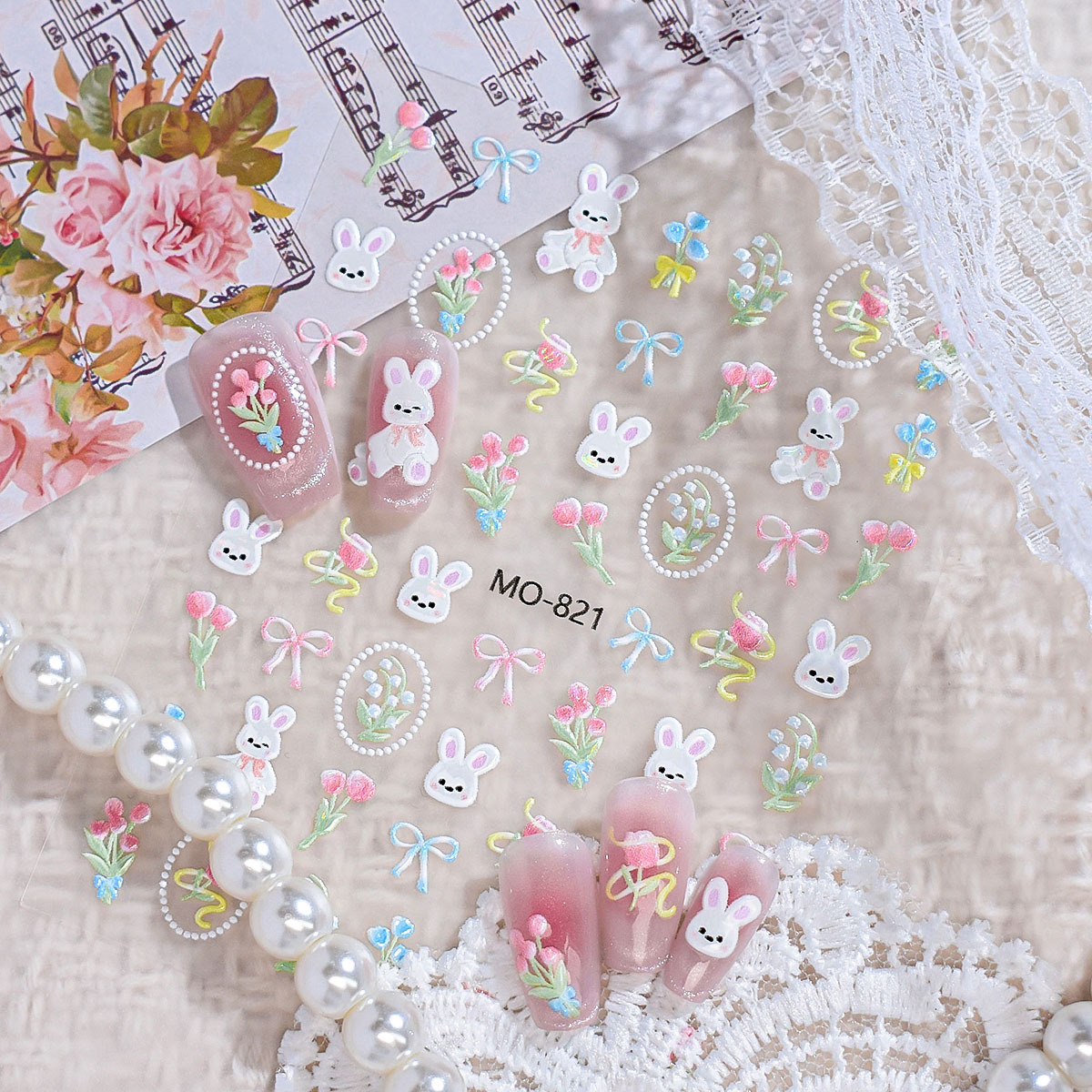 3D Cute Bunny & Tulip Flower Embossed Nail Stickers